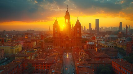 Wall Mural - A breathtaking sunset illuminates the skyline of a historic city, highlighting a prominent cathedral surrounded by modern skyscrapers.