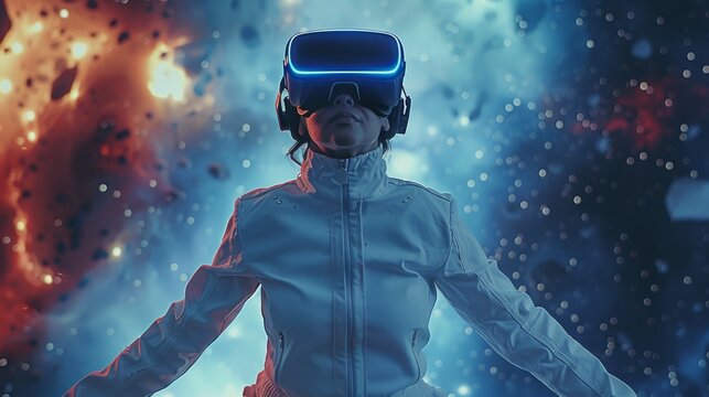 Person with virtual reality glasses floating in the vacuum of outer space. Generative AI.