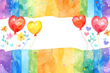 Wall Mural - Pride Day rainbow balloons on background with space for text. Cute frame in watercolor.
