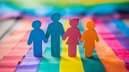 Colorful wooden figures of a family holding hands, standing on a rainbow-striped background, symbolizing unity and diversity.