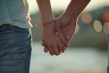 A close-up of a teenage couple holding hands, their fingers intertwined. The focus is on their hands, with the background softly blurred to highlight the intimacy of the gesture. The natural lighting