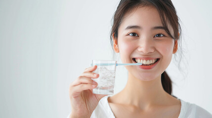 Sticker - beautiful Japanese woman brushing her teeth, smiling at the camera, holding a glass of water in one hand, white background, high resolution photography, stock photo, in the style