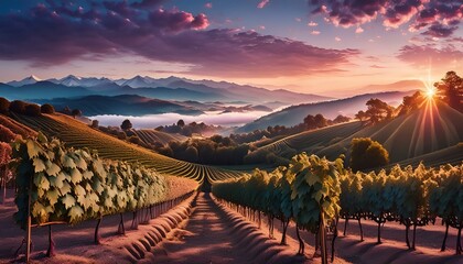 Wall Mural - landscape with vineyard, landscape with green grass and sky, vineyard in region, vineyard in the morning, sunset over the mountains, sunset in the desert, Vineyard and forest fire - grape harvest