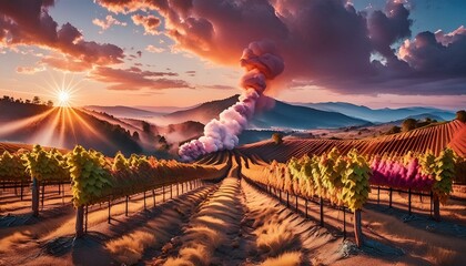 Wall Mural - landscape with vineyard, landscape with green grass and sky, vineyard in region, vineyard in the morning, sunset over the mountains, sunset in the desert, Vineyard and forest fire - grape harvest