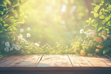 Sunlit Wooden Table in Springtime Garden Generative AI