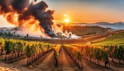 Wall Mural - landscape with vineyard, landscape with green grass and sky, vineyard in region, vineyard in the morning, sunset over the mountains, sunset in the desert, Vineyard and forest fire - grape harvest