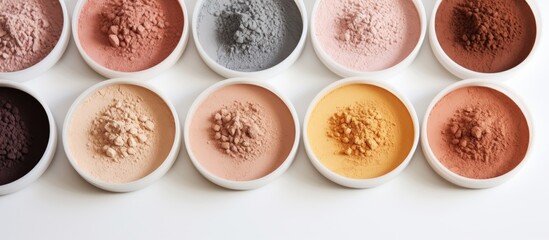 Poster - Various types of cosmetic clays arranged on a white wooden table with copy space image