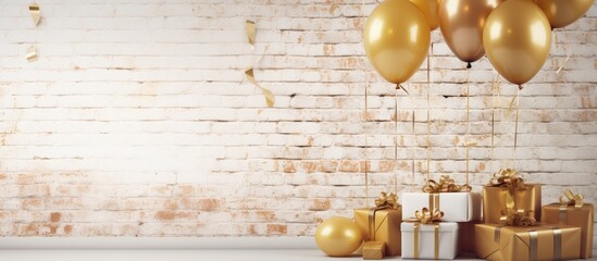 Wall Mural - Table with balloons and gifts placed against a white brick wall providing copy space image