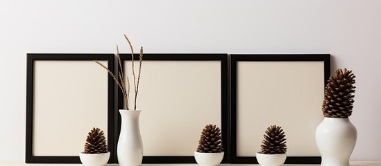 Poster - Beige background with an empty black picture frame featuring a pinecone and vase providing copy space image