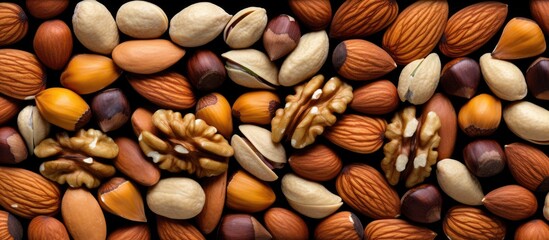 Poster - colorful background with a delightful assortment of coated nuts for a copy space image