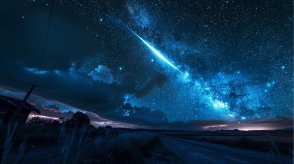 Poster - A large and bright blue meteor at night over a road. Generative AI.