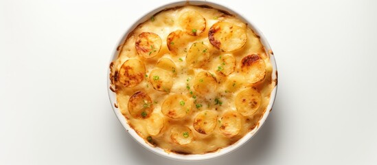 Poster - A top down view of a ceramic dish filled with potato gratin rests on a white table leaving room for other elements in the image. Creative banner. Copyspace image