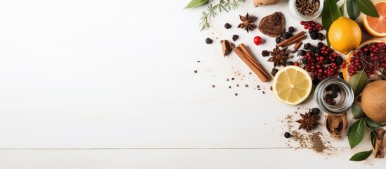 Sticker - A flat lay composition featuring a white wooden table adorned with dried herbal tea leaves fresh fruits and space for text in the image. Creative banner. Copyspace image