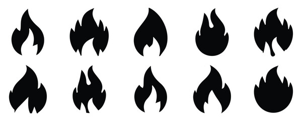 Fire icon collection. Fire flame symbol. Bonfire silhouette logotype. Flames symbols set flat style - stock vector.