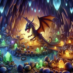 Wall Mural - 65 50. 3D Dragon's Lair - A mythical cave filled with treasure,