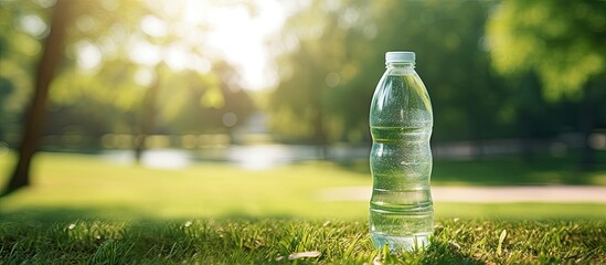 Poster - A refreshing bottle of water rests on the lush green lawn with plenty of empty space surrounding it for a clean and uncomplicated image. Creative banner. Copyspace image