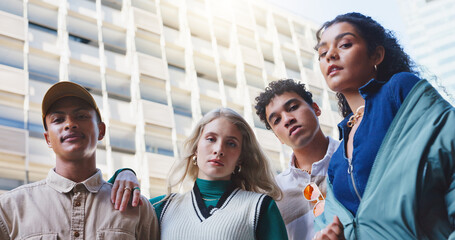 Canvas Print - City, fashion and portrait of teen people outdoor in summer for cool, edgy or trendy style together. Diversity, face or friends with serious man and woman group in urban town for street culture