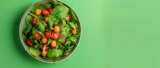 healthy dish on a plate , on a solid green background, top view, real photo, with empty copy