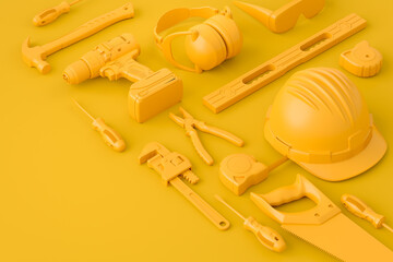 Wall Mural - Isometric view of monochrome construction tools for repair on