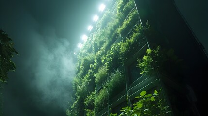 Poster - Vertical Farming Tower with Layers of Lush Greens Under LED Lights Innovative Urban Agriculture Technology for Sustainable Food Production
