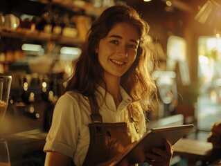 Poster - A woman is smiling and holding a tablet in a coffee shop. She is wearing an apron and she is a barista