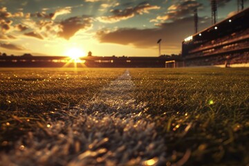 Wall Mural - A soccer field with a white line on it and a sun setting in the background