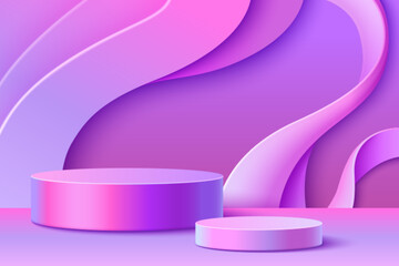 3d pink hologram podium background. Abstract cosmetic product platform bg. Holographic gradient cylinder pedestal in studio room with wave flow on wall. Premium bright modern realistic sward showcase