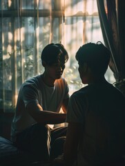 Wall Mural - Two men are sitting on a bed, one of them is wearing a white shirt. Scene is calm and relaxed