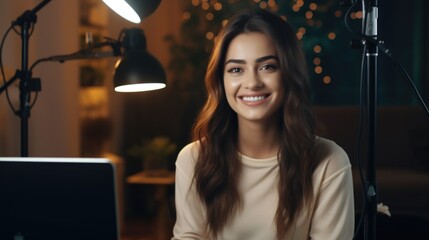 Poster - A woman is smiling in front of a laptop. She is wearing a white shirt and has long brown hair