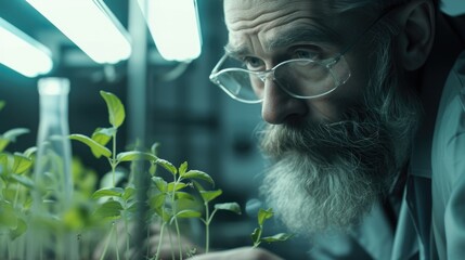 Wall Mural - A man with glasses is looking at a plant. The plant is green and has a few leaves. The man is wearing a lab coat and he is a scientist