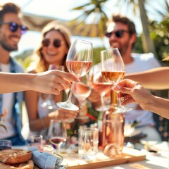 Close-up of friends' hands cheering with wine glasses at a table in an outdoor setting with natural light