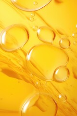 Wall Mural - A close up of yellow liquid with many small bubbles. The bubbles are all different sizes and are scattered throughout the liquid. The image has a calming and serene mood