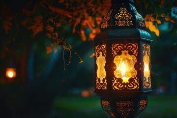 Wall Mural - A lantern with a candle inside is lit up in the dark. The lantern is hanging from a tree branch