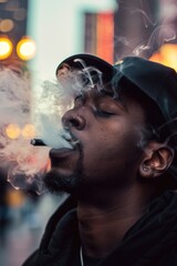 Wall Mural - A man smokes a cigarette while wearing a black hat. Concept of casualness and relaxation, as the man is taking a break from his day to enjoy a cigarette