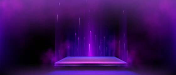 Poster - 3d purple square neon light podium glow for game. led effect hologram and product display platform i