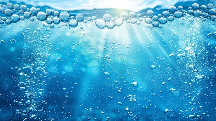 Wall Mural -  A collection of bubbles drifting above a blue ocean, adjacent to a waterbody Sunlight illuminates both the surface and depths of the water