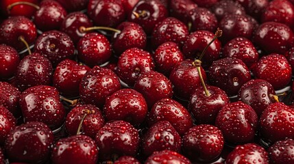 Wall Mural - cherries with water droplets, tops gleaming