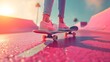 © Sunny_nsk - A girl in pink shoes is skateboarding on the road with a pink summer background.