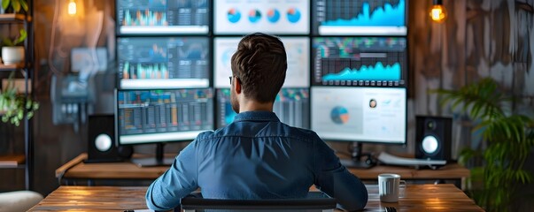 Poster - affiliate marketing manager analyzing referral data and metrics on multiple screens in modern digita