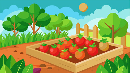 Wall Mural - In one corner of the garden a quaint little vegetable patch bloomed with an assortment of juicy tomatoes and crisp lettuce providing inspiration for anyone looking to start their. Vector illustration