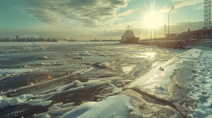 Wall Mural - vintage retro grainy film effect on a frozen seashore close to a shipyard and harbor with sun rays a
