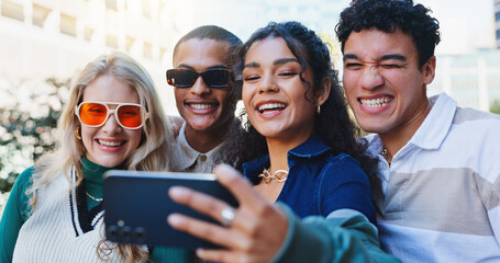 Happy friends, fashion and style with selfie in city for memory, photography or outdoor moment together. Group of young people with smile for stylish clothing, picture or capture in an urban town