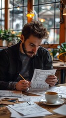 Canvas Print - Young Entrepreneur Sketching Wireframes for Mobile App in Coffee Shop