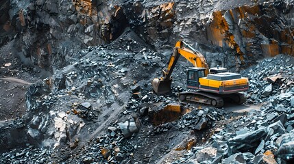 Excavator Operating in Rugged Quarry Terrain for Repurposing Mining Waste