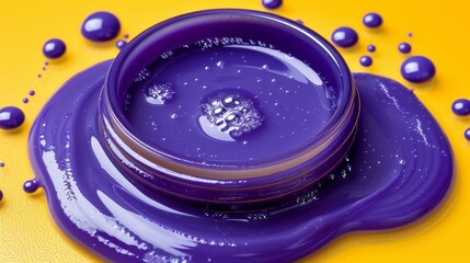 Wall Mural -  A purple saucer atop a matching purple plate, resting on a yellow surface Water droplets grace the rim of the saucer