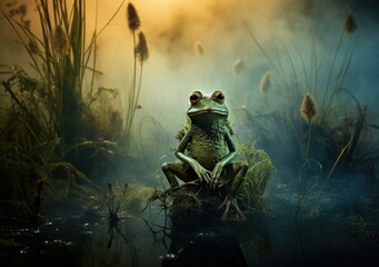 A green frog sits on a lily pad in a pond, surrounded by tall grass and reeds. AI.