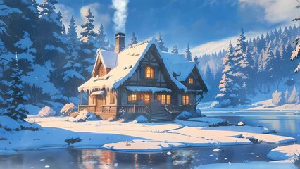 Sticker - landscape with wooden house and mountains at snowy winter