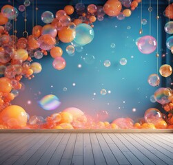 Wall Mural - Surreal photo of a room filled with colorful, glowing bubbles. AI.