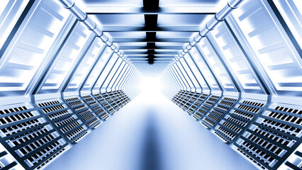 Poster - Spaceship or science lab animation. Design. Sci-Fi alien corridor with metallic glow.