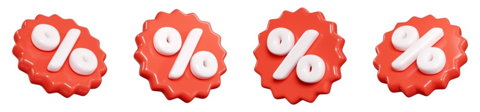 Red starburst sticker with percent sign floating in air. 3D render illustration set of round sunburst label with sale and discount sign for promotion. Flying in different angles badge icon.
